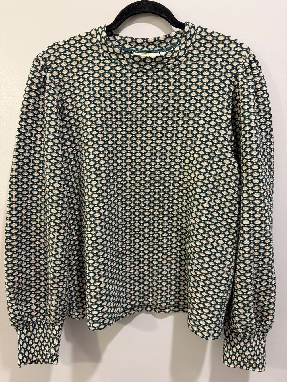 Maeve by Anthropologie Geo Patterned Textured Balloon Sleeve Sweater L Green